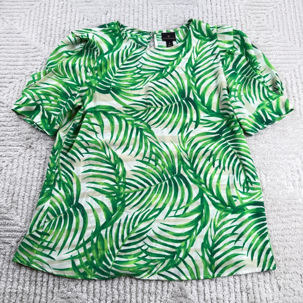 Worthington Palm Leaf Blouse Womens Small Green Tropical Jungle Botanical Resort